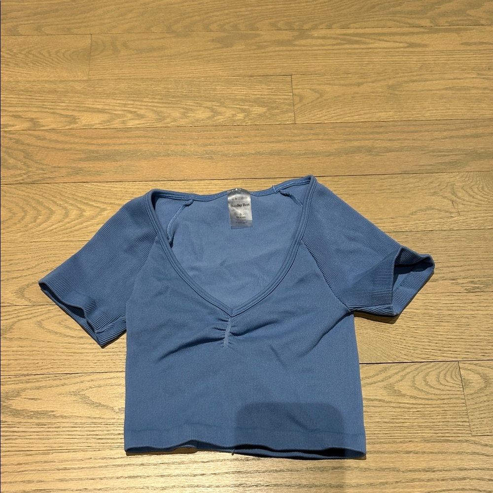 Aritzia Dusty Blue Ribbed V-Neck Cropped Top